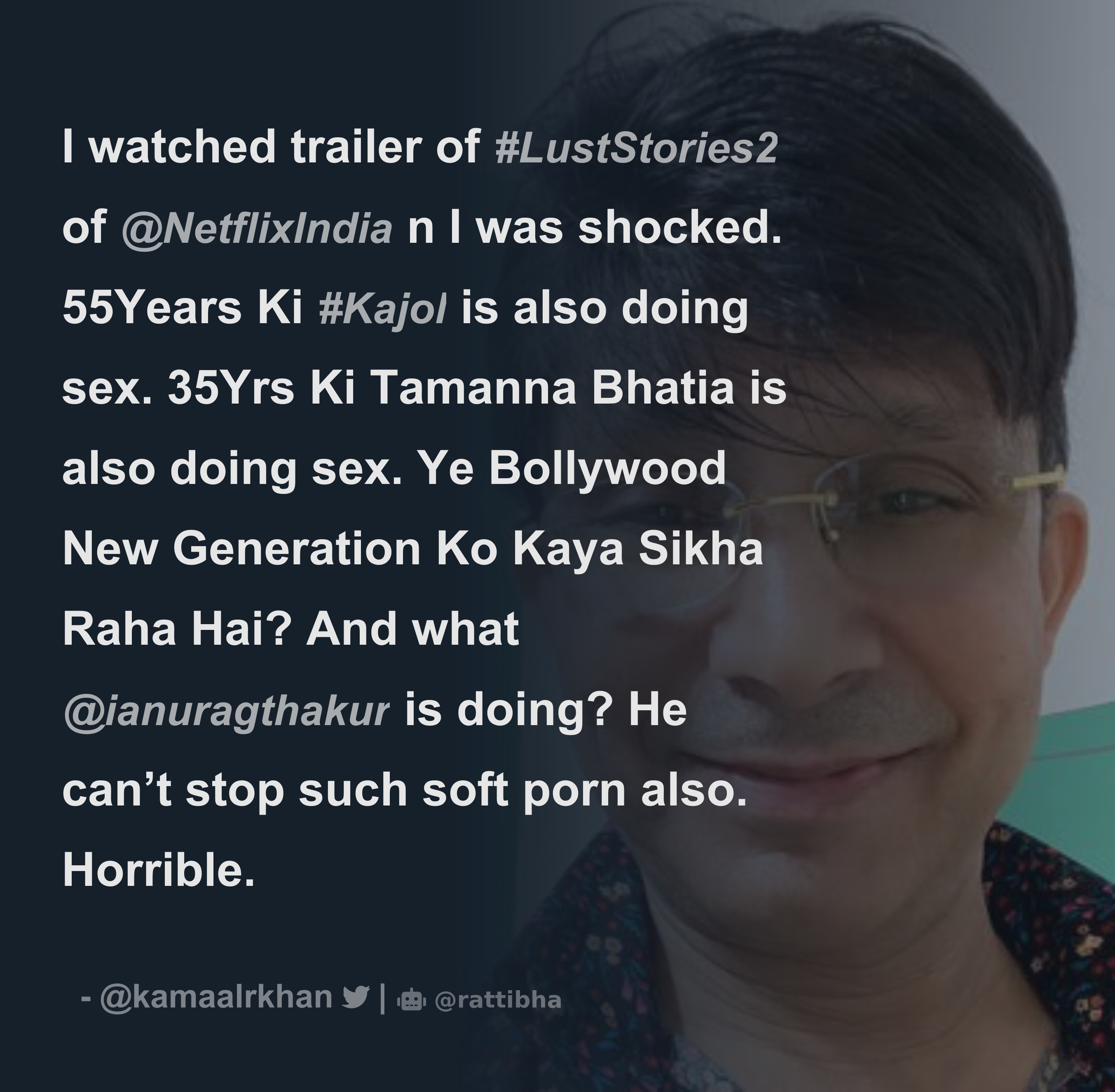 Bollywood Porn Tamanna - I watched trailer of #LustStories2 of @NetflixIndia n I was shocked.  55Years Ki #Kajol is also doing sex. 35Yrs Ki Tamanna Bhatia is also doing  sex. Y - Thread from KRK @kamaalrkhan -