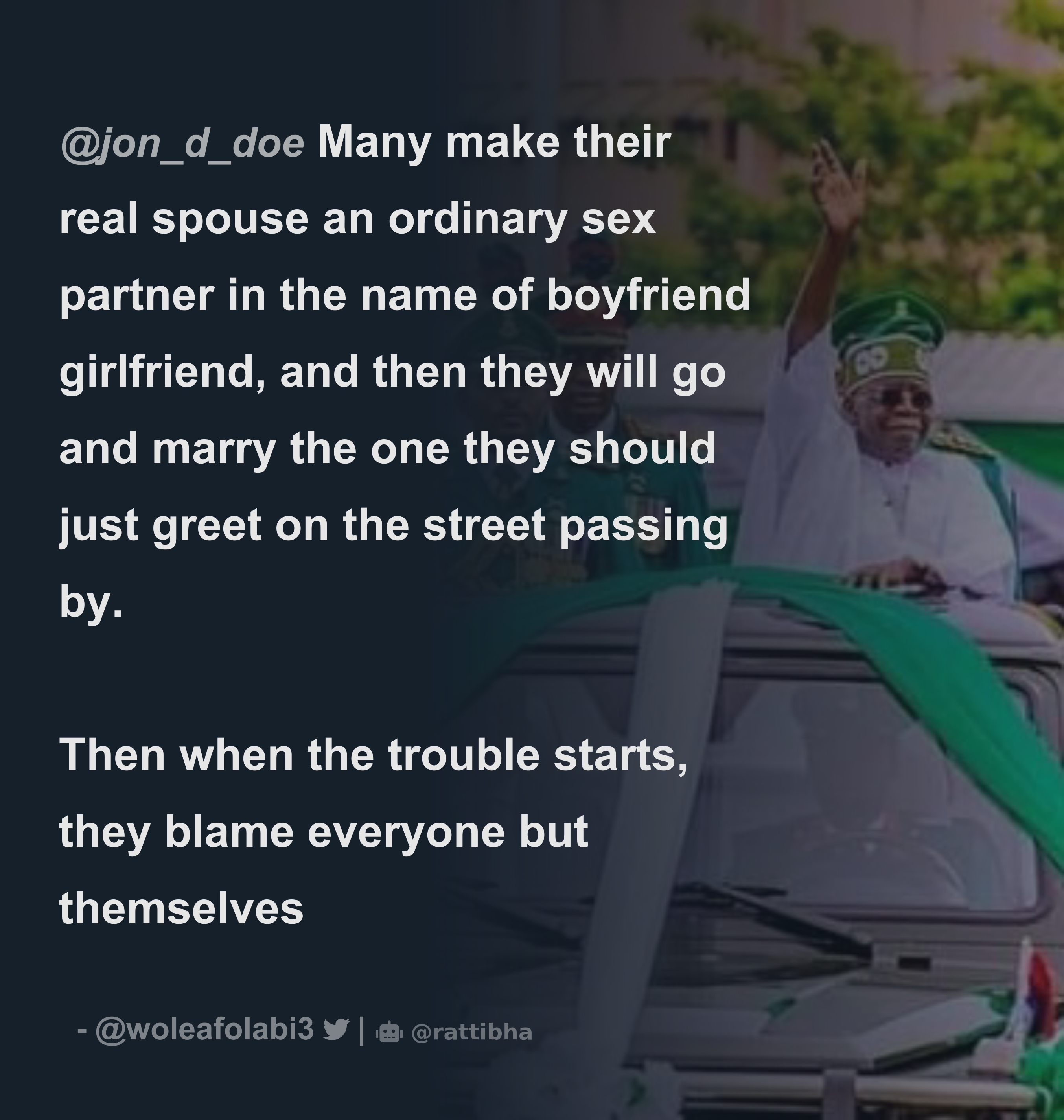 jon_d_doe Many make their real spouse an ordinary sex partner in the name  of boyfriend girlfriend, and then they will go and marry the one they shoul  - Download Tweet Image from