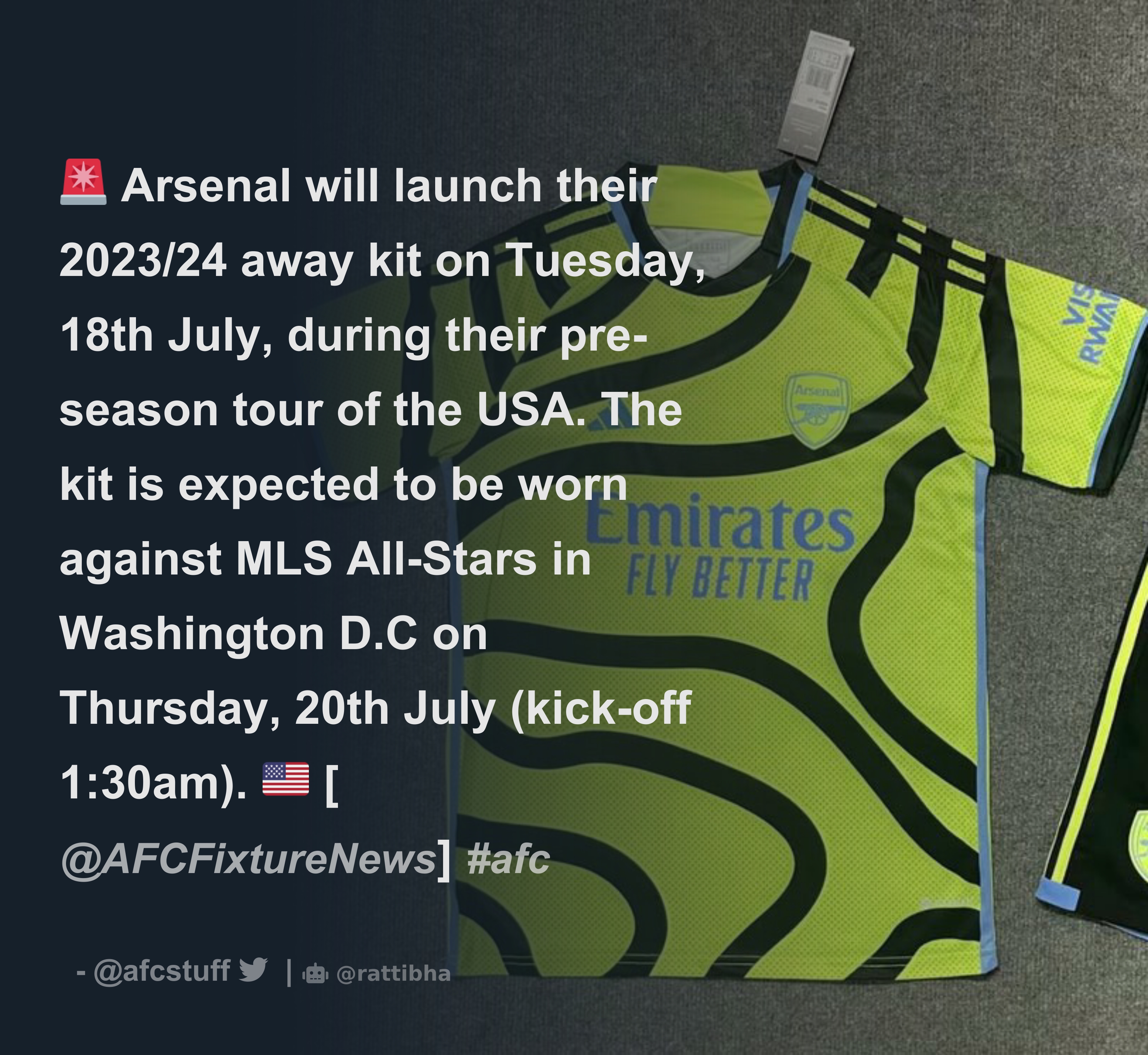 afcstuff on X: 🚨 Confirmed: Arsenal will wear the new 2023/24 away kit  for the first time against the MLS All-Stars in the early hours of Thursday  morning (1:30am kick-off). 🧩 #afc