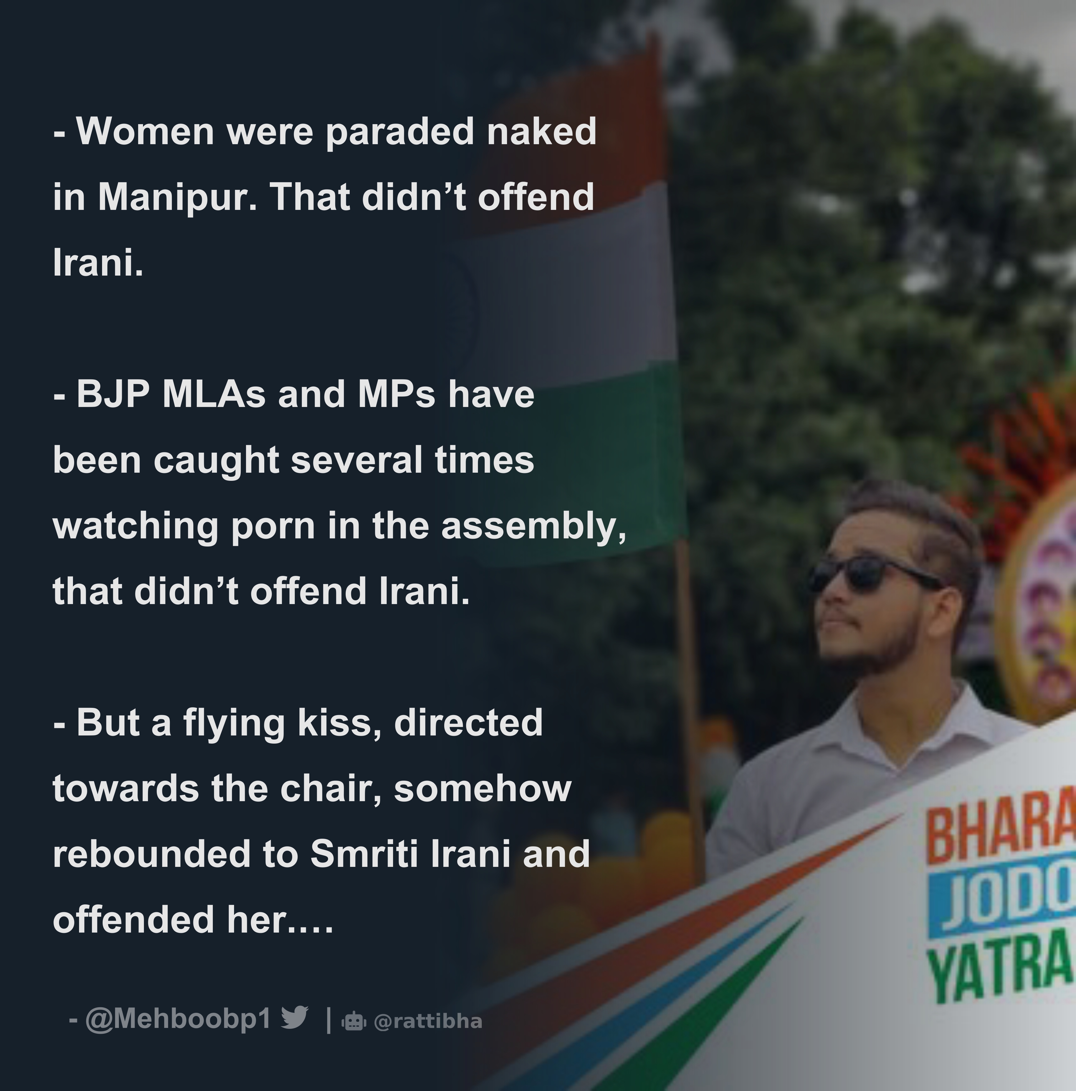 Women were paraded naked in Manipur. That didnt offend Irani. - BJP MLAs  and MPs have been caught several times watching porn in the assembly, -  Download Tweet Image from Armaan @