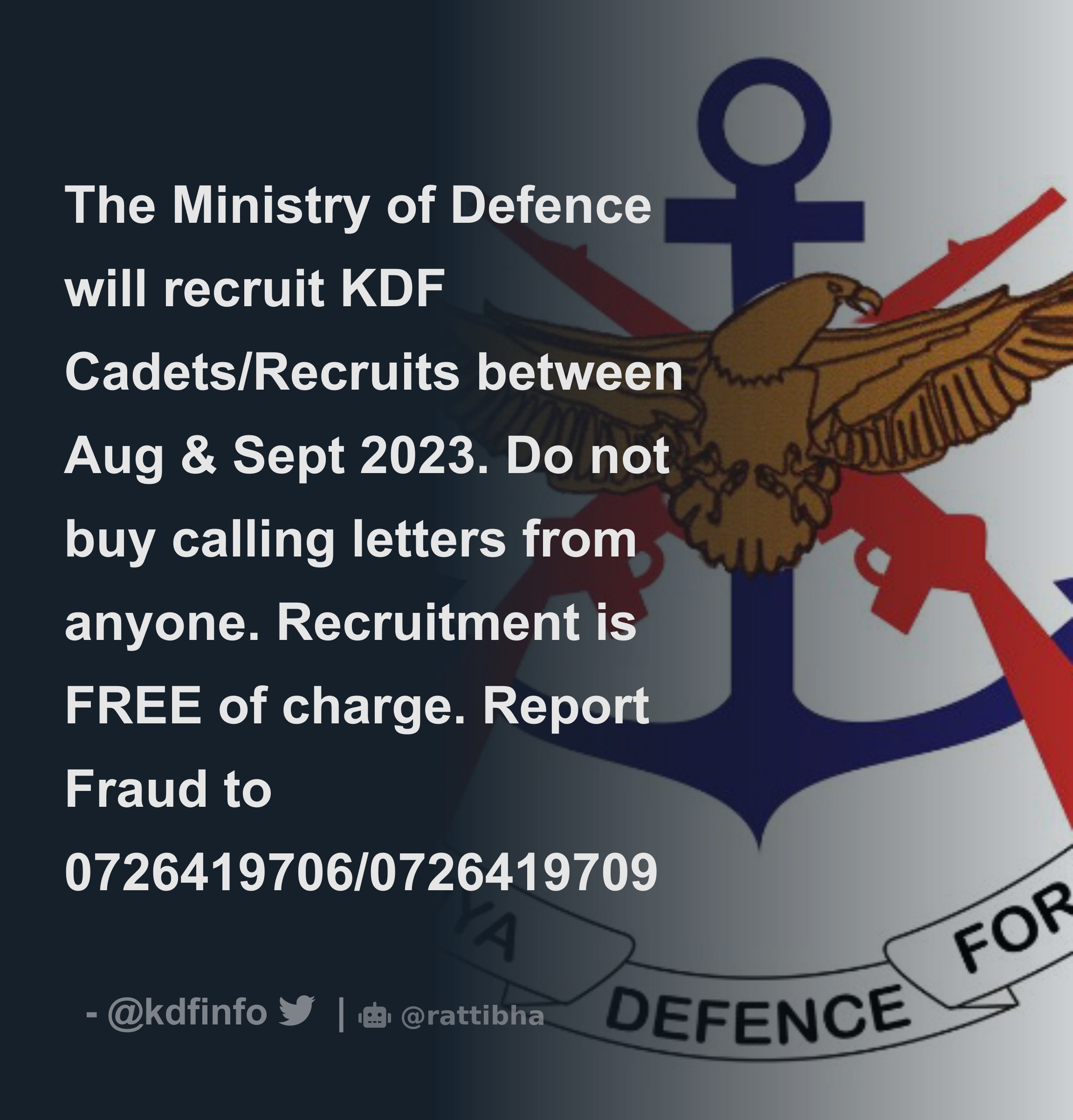 The Ministry of Defence will recruit KDF Cadets/Recruits between Aug