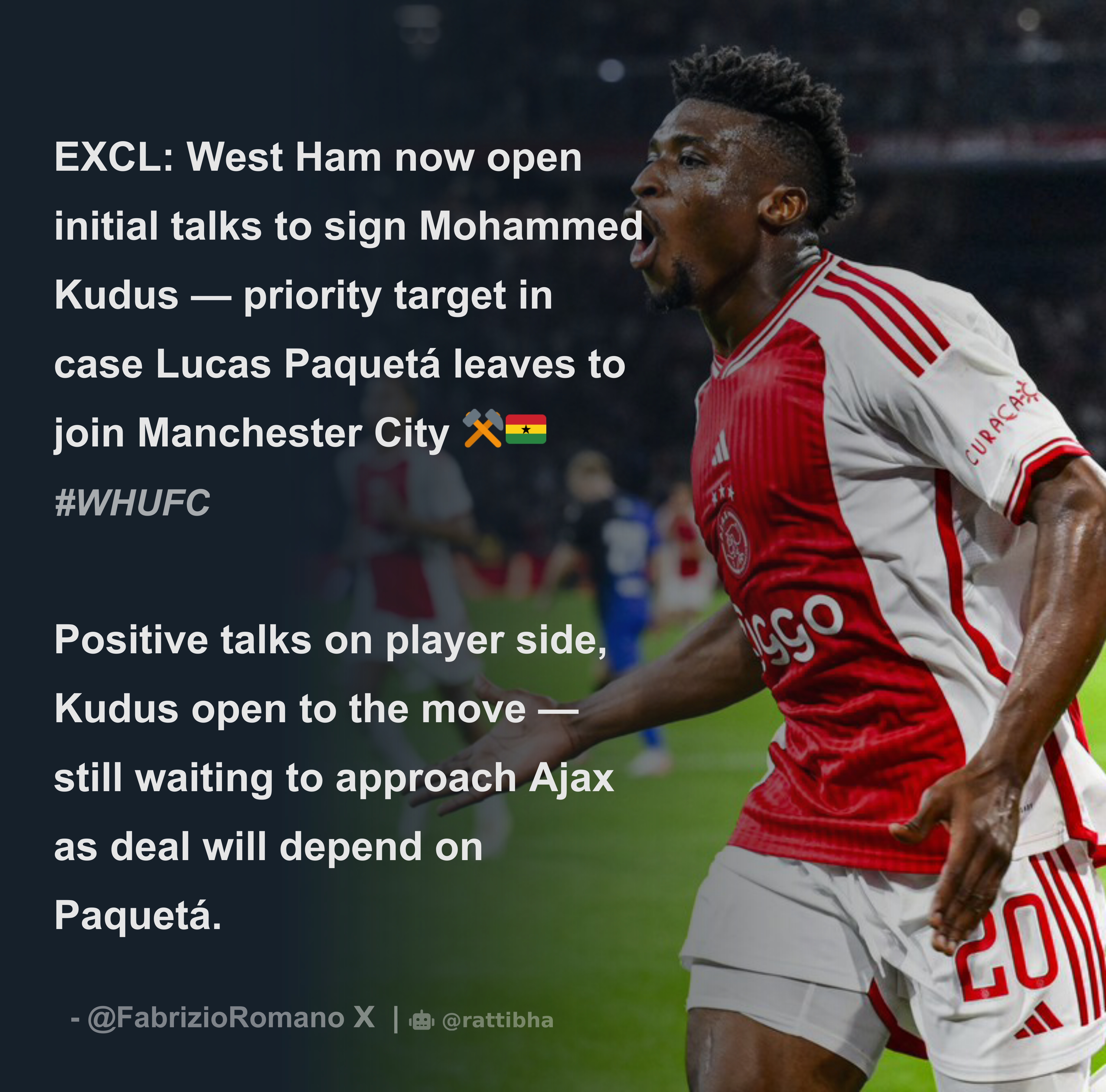 Fabrizio Romano on X: Mohammed Kudus to West Ham, here we go