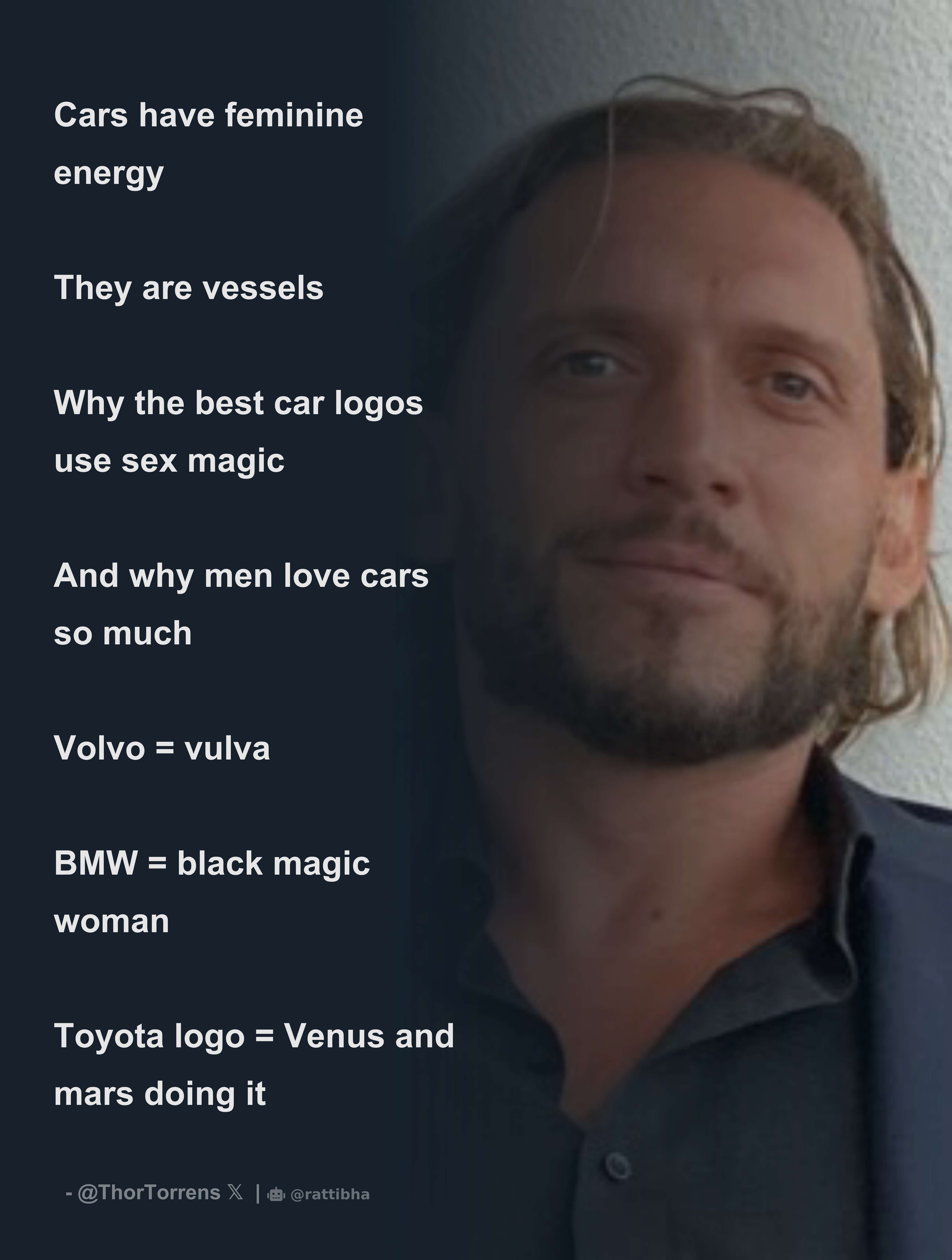 Cars have feminine energy They are vessels Why the best car logos use sex  magic And why men love cars so much Volvo = vulva BMW = - Download Tweet  Image from