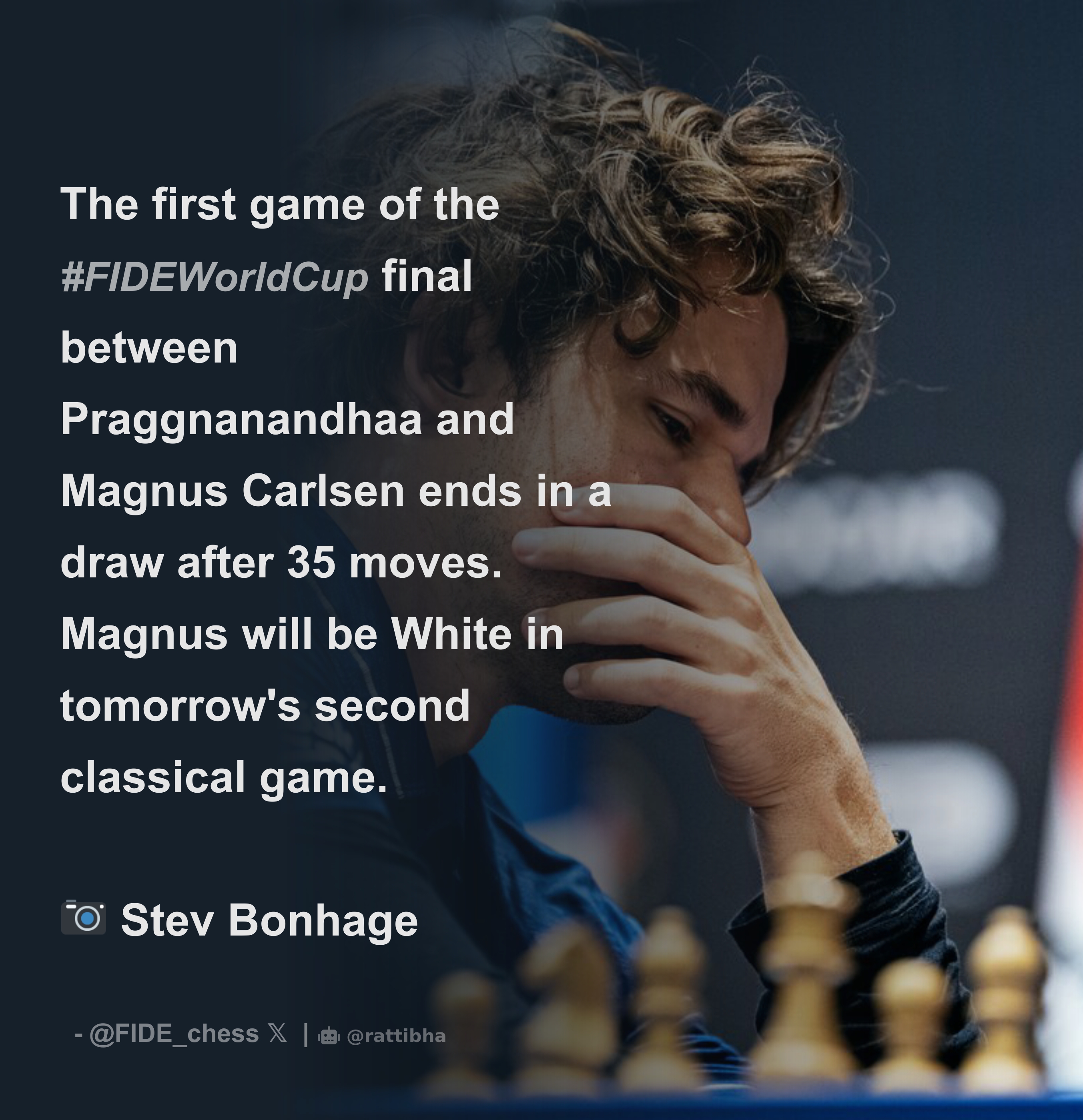 The first game of the #FIDEWorldCup final between Praggnanandhaa and Magnus  Carlsen ends in a draw after 35 moves. : r/chess
