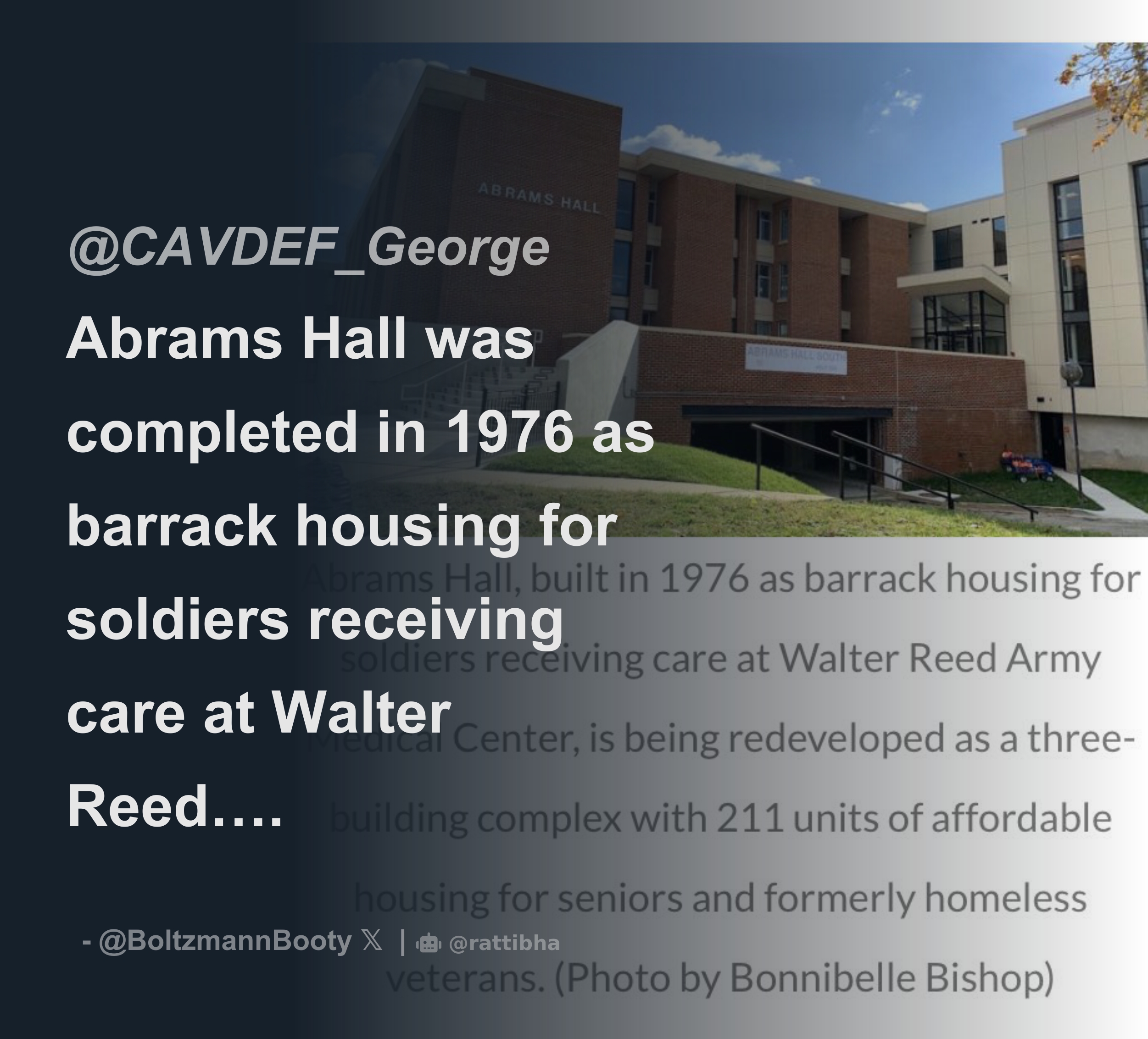 Abrams Hall was completed in 1976 as barrack housing for