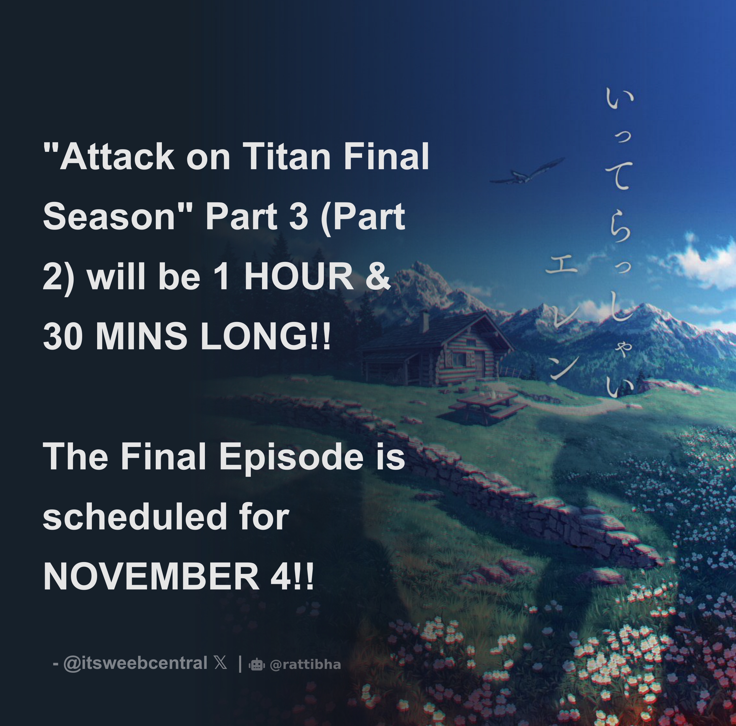 Attack on Titan Final Season Part 3 Episode 1 will be an hour