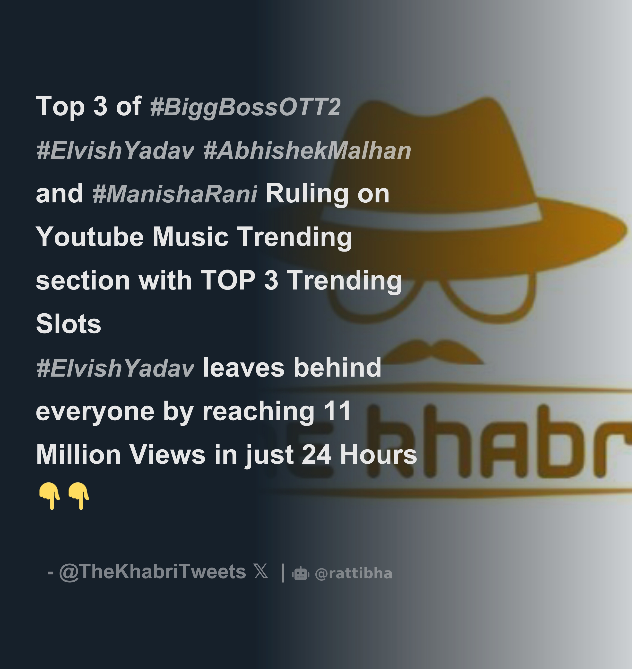 Top 3 of #BiggBossOTT2 #ElvishYadav #AbhishekMalhan and #ManishaRani Ruling  on   Music Trending section with TOP 3 Trending Slots #ElvishYadav -  Thread from The Khabri @TheKhabriTweets - Rattibha