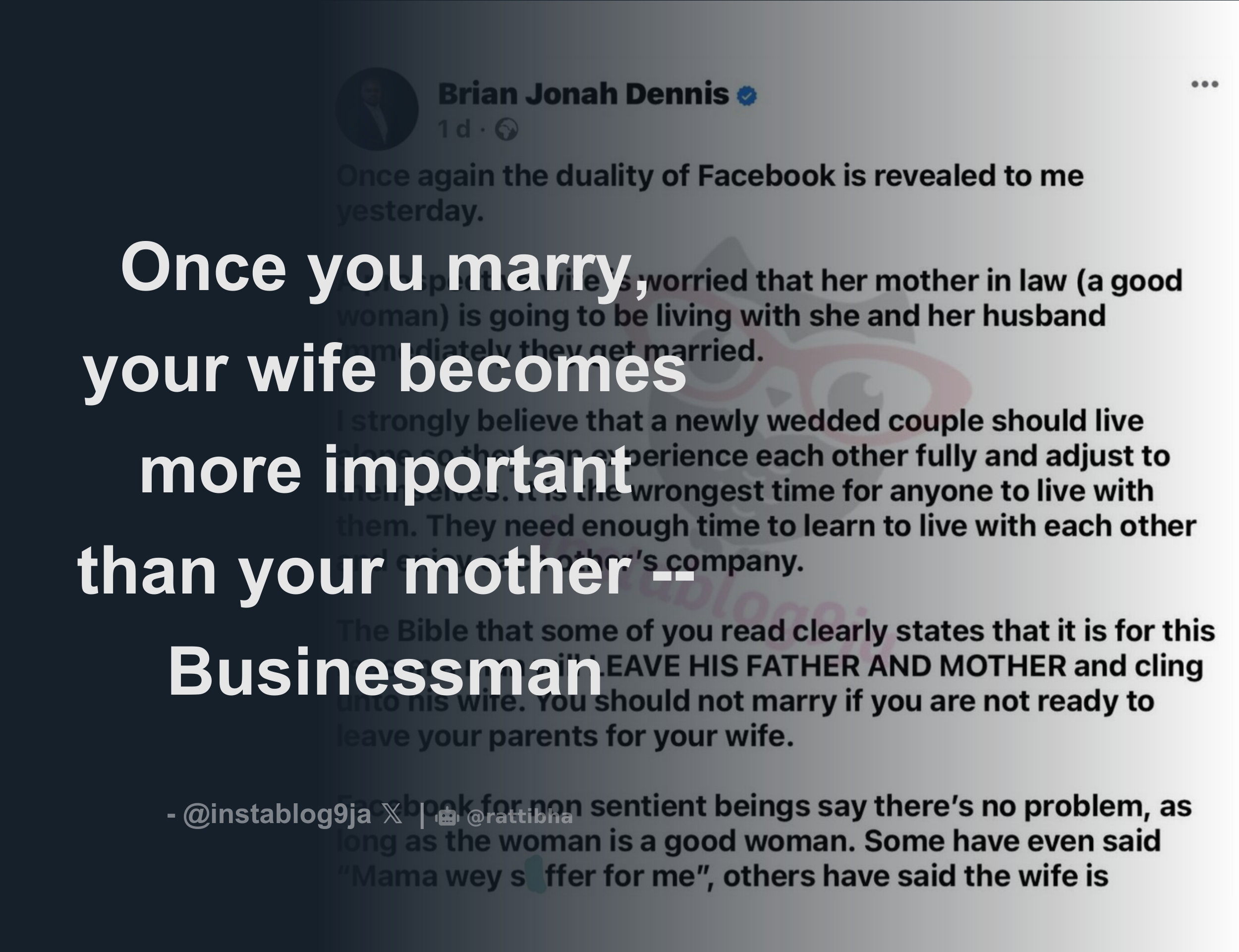 Once you marry, your wife becomes more important than your mother --  Businessman - Download Tweet Image from Instablog9ja @instablog9ja -  Rattibha