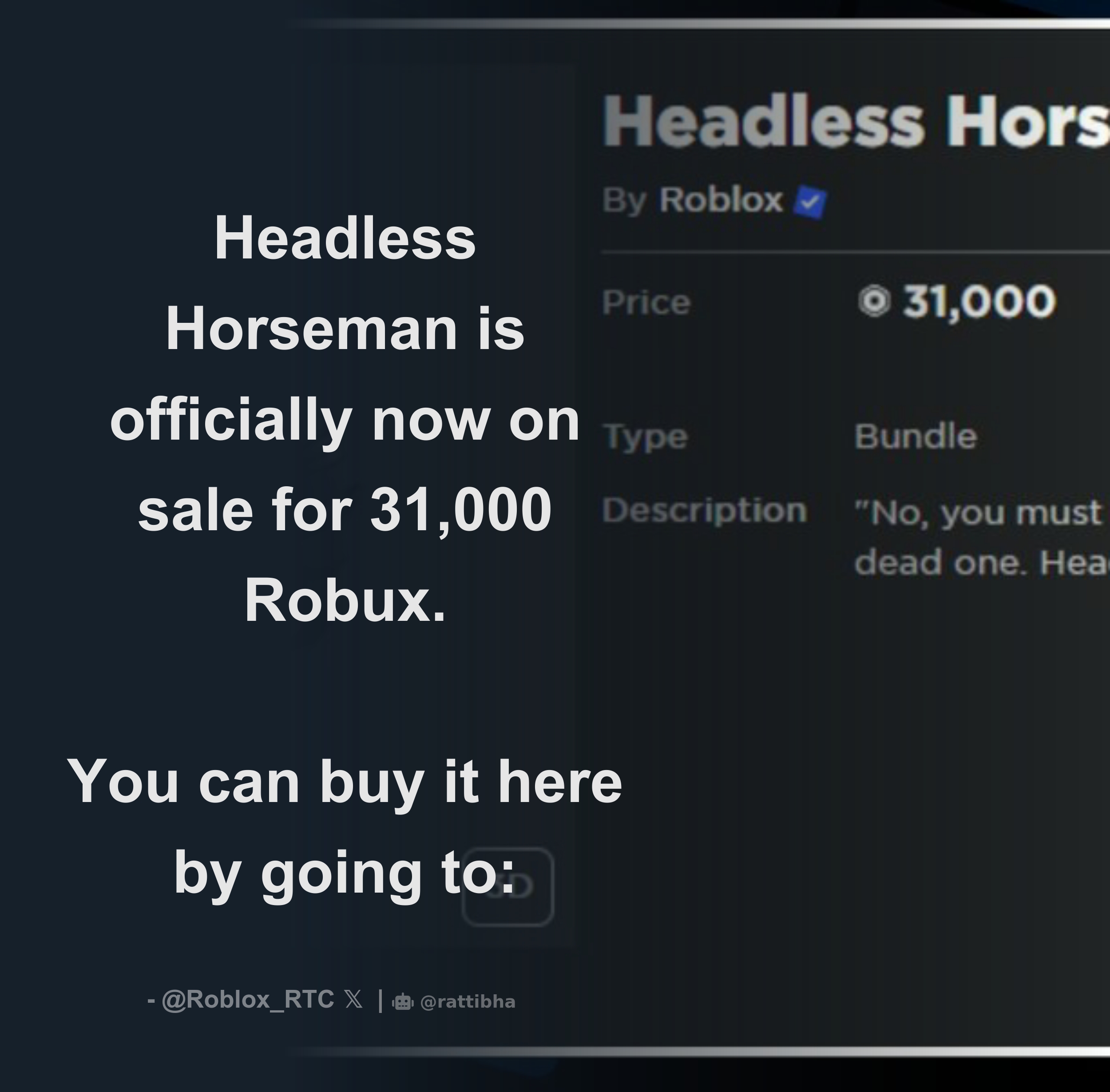 RTC on X: Headless Horseman is officially now on sale for 31,000