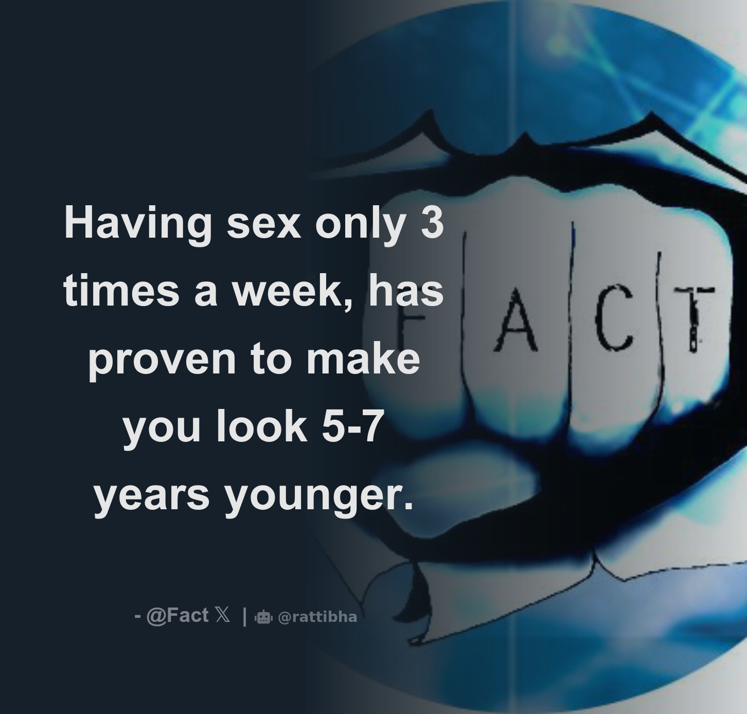 Having sex only 3 times a week, has proven to make you look 5-7 years  younger. - Download Tweet Image from Fact @Fact - Rattibha