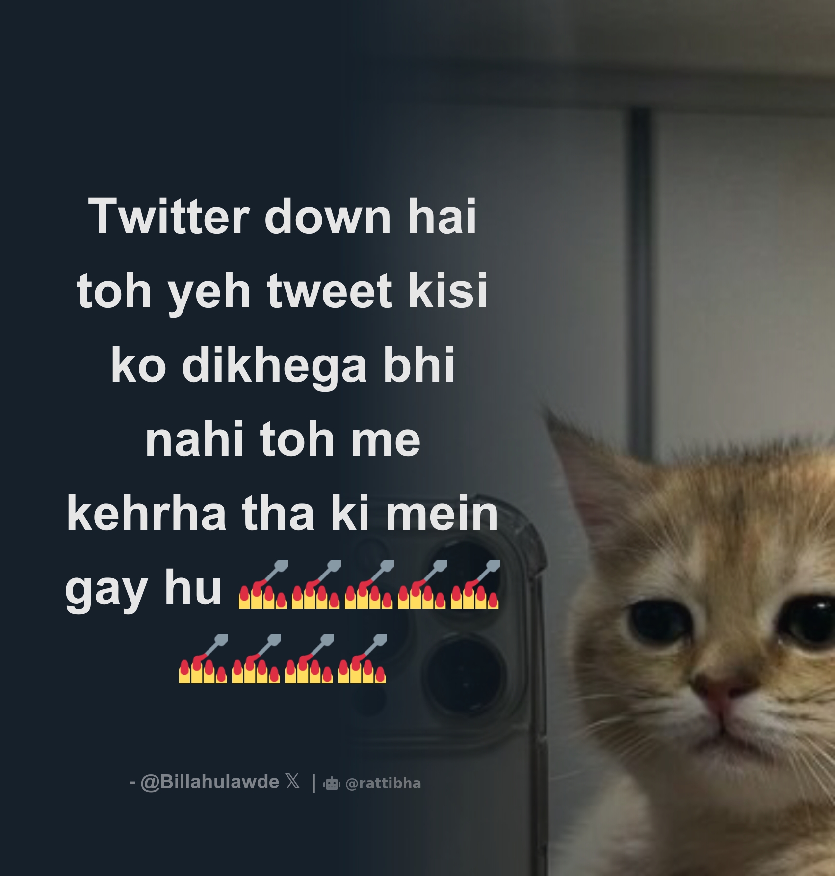 Twitter down hai toh yeh tweet kisi ko dikhega bhi nahi toh me kehrha tha  ki mein gay hu 💅💅💅💅💅💅💅💅💅 - Download Tweet Image from दल्ला BILLA  @Billahulawde - Rattibha