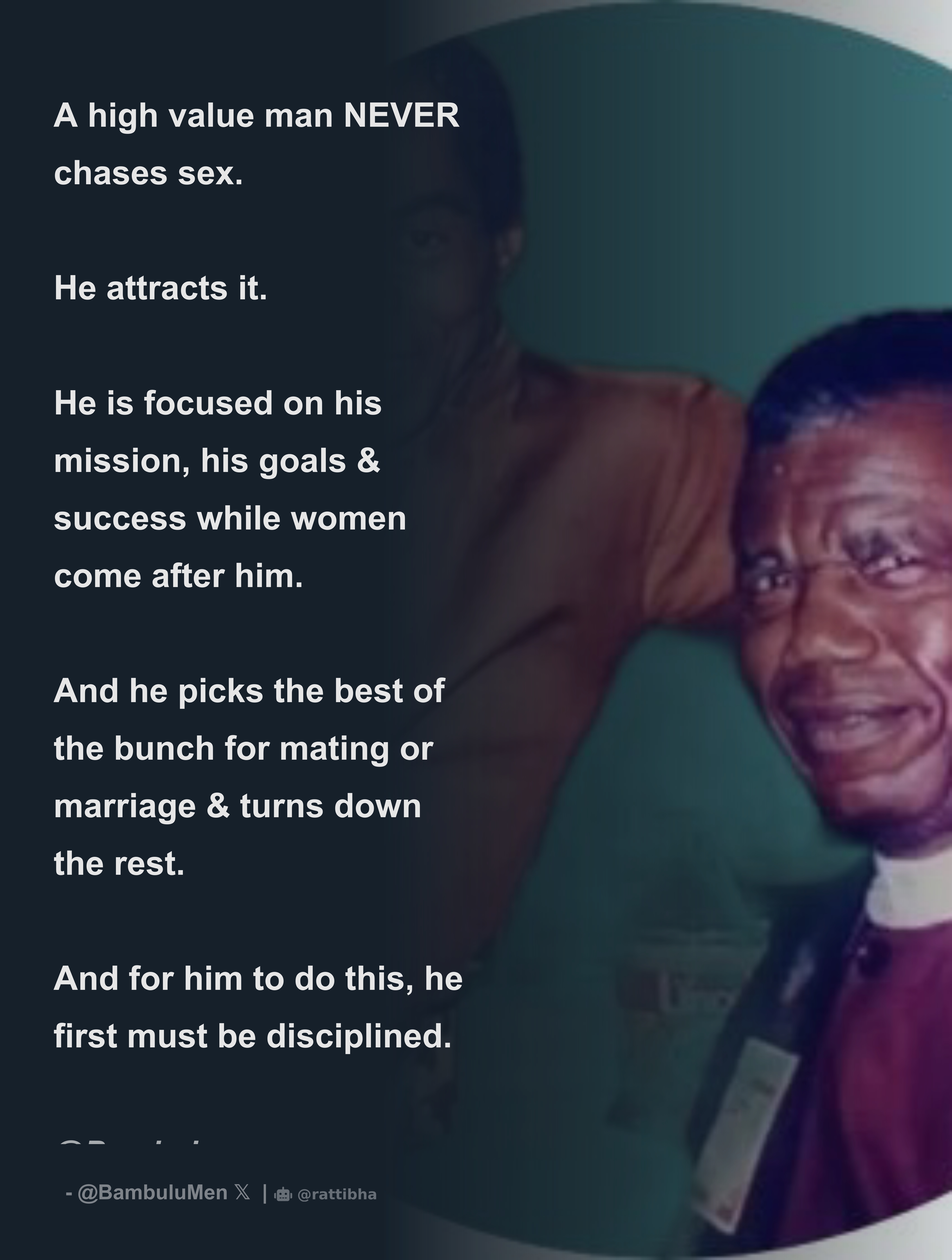 A high value man NEVER chases sex. He attracts it. He is focused on his  mission, his goals & success while women come after him. And he -  Download Tweet Image from