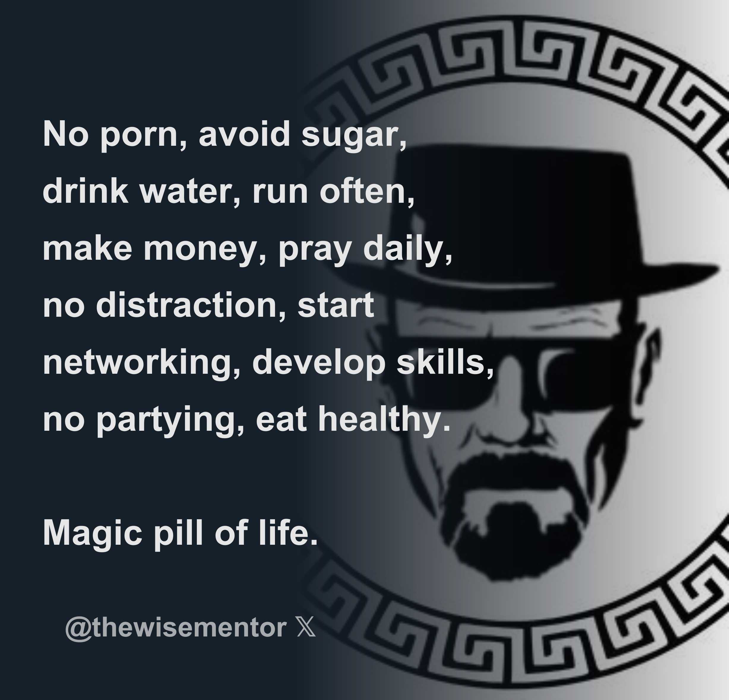 No porn, avoid sugar, drink water, run often, make money, pray daily, no  distraction, start networking, develop skills, no partying, eat healthy. M  - Download Tweet Image from Wise Mentor | Leadership @