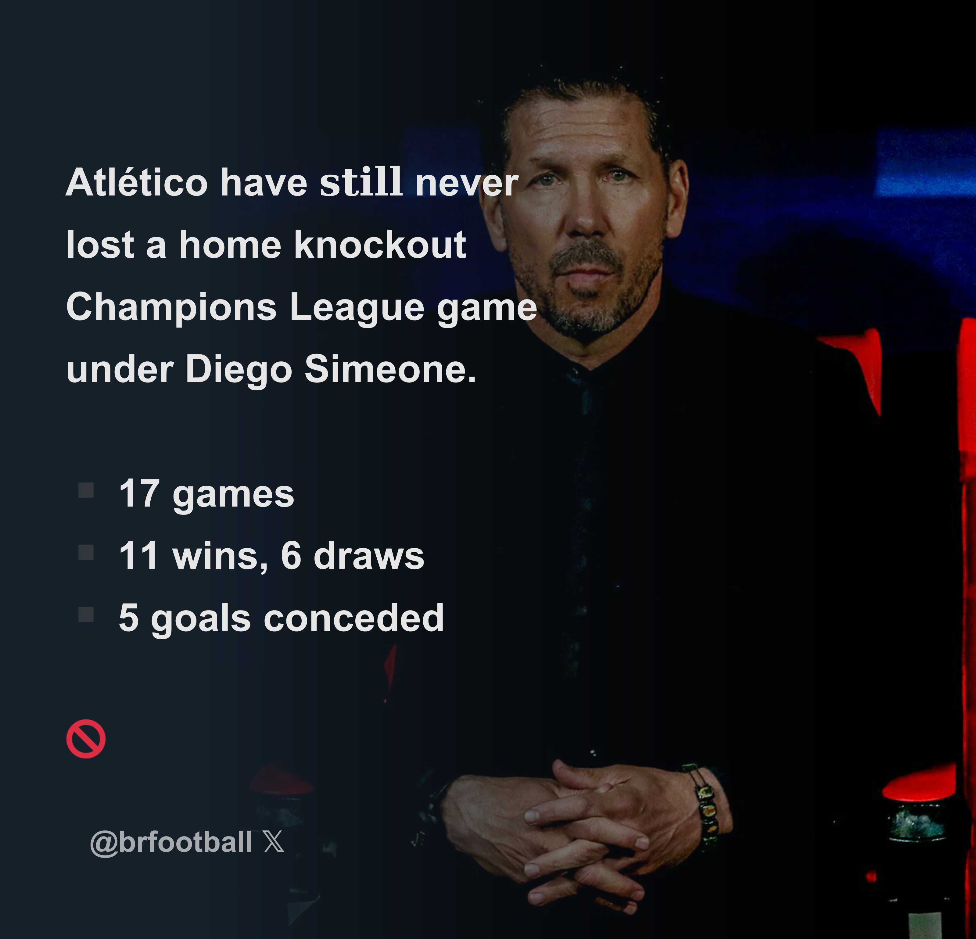 Atlético have 𝐬𝐭𝐢𝐥𝐥 never lost a home knockout Champions League game  under Diego Simeone. ▪️ 17 games ▪️ 11 wins, 6 draws ▪️ 5 goals conceded -  Download Tweet Image from B/R Football @brfootball - Rattibha